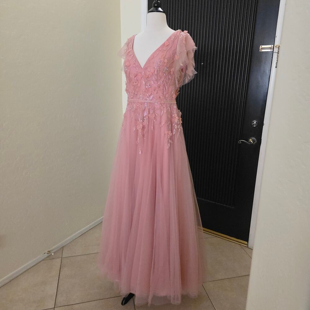 Mac Duggal Formal Pink Maxi Beaded Dress 11224 Tulle Salmon Flowers Gown 16 - Picture 10 of 14